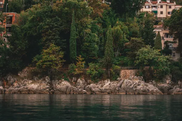 Yeşillikte Yeşil Çalıları Olan Dağlardaki Hırvat Evlerinin Manzarası Bulutlu Gün — Stok fotoğraf