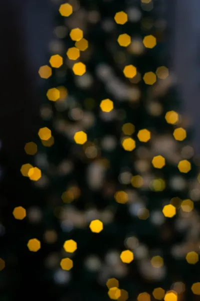 Luzes Multicoloridas Borradas Uma Grinalda Ramos Uma Árvore Natal Primeiro — Fotografia de Stock