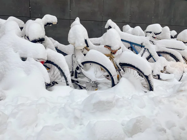 Estacionamento Bicicleta Após Queda Neve Pesada Aluguel Bicicletas Cobertas Neve — Fotografia de Stock