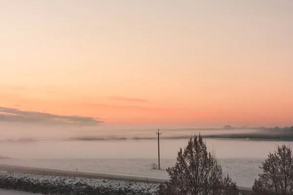 Panoramic View Winter Landscape Highway Wooden Electricity Poles Foggy Winter — Stockfoto