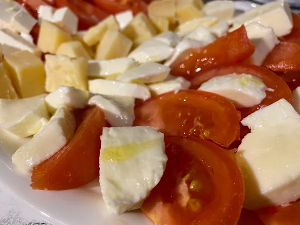 Sliced Red Tomato Feta Mozzarella Cheese White Plate Healthy Snack — Stock Photo, Image