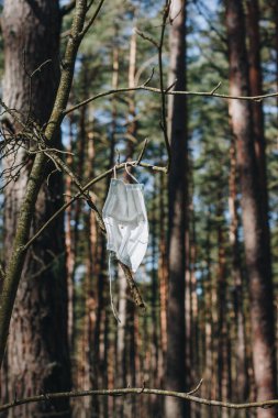 Ağaçta asılı kalan, rüzgarda sallanan, unutulan ya da rüzgarda savrulan tek kullanımlık cerrahi maskenin tek bir parçası.