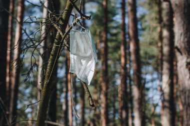 Ağaçta asılı kalan, rüzgarda sallanan, unutulan ya da rüzgarda savrulan tek kullanımlık cerrahi maskenin tek bir parçası.