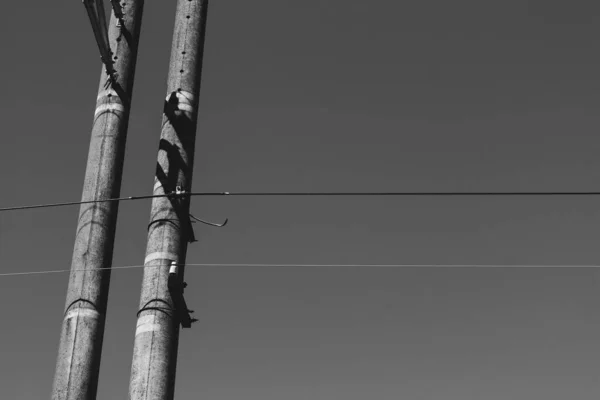 Antiguos Postes Eléctricos Madera Con Alambres Metálicos Contra Cielo Vista —  Fotos de Stock