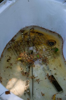 Mangal ızgarası ve şişler banyoda piknik yerine suda, su ağaç yapraklarıyla, iğnelerle dolu..