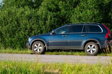 Yeşil çayırlarda yeşil çalıların yanında sıcak yaz günbatımının ışığında aydınlanan bir arazi aracı..