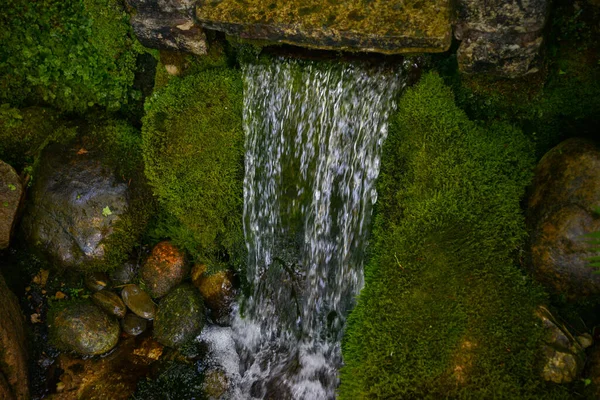 Moss Rock Clean Rock Two Elements Together Flowing Water Background — 图库照片