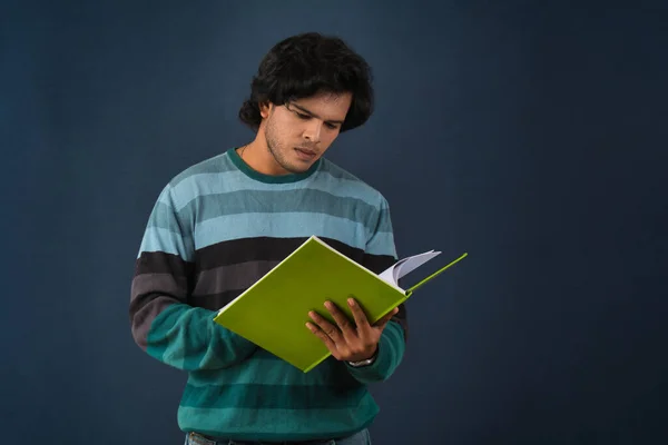 Young Happy Man Holding Posing Book Background — Foto de Stock