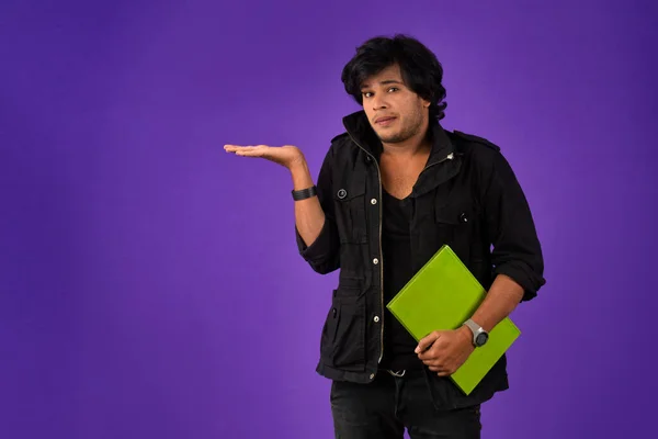 Young Happy Man Holding Posing Book Background — ストック写真