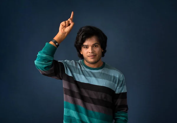 Portrait Successful Cheerful Young Man Pointing Presenting Something Hand Finger — Photo