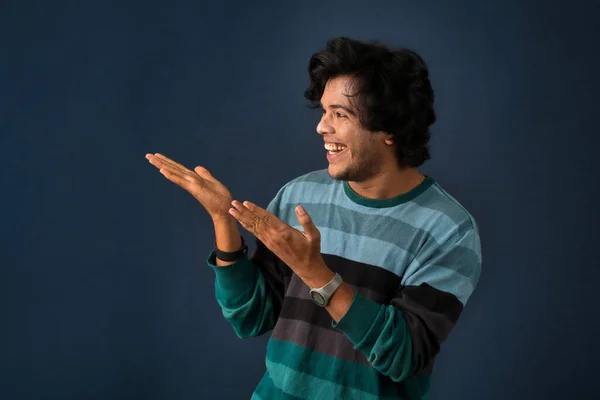 Portrait Successful Cheerful Young Man Pointing Presenting Something Hand Finger — Photo