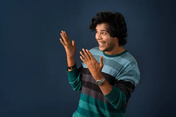 Portrait Successful Cheerful Young Man Pointing Presenting Something Hand Finger — ストック写真