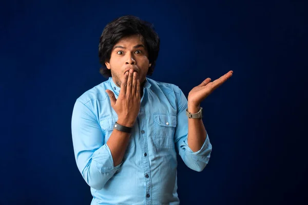 Portrait Successful Cheerful Young Man Pointing Presenting Something Hand Finger — ストック写真