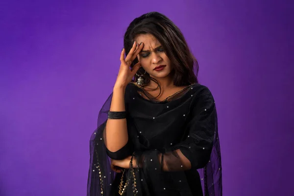 Young Beautiful Woman Has Stress Has Pain Headache Purple Background — Stockfoto
