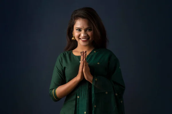 Portrait Beautiful Indian Girl Greeting Pose Namaste Hands — Stock Fotó