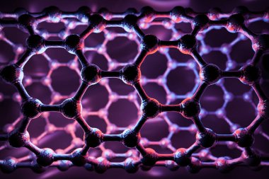 Nanotüp yapısının 3 boyutlu tasarımı, mor bilim arkaplanı, teknoloji konsepti, altıgen geometrik form yakın plan, grafen atomik yapısı