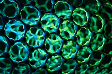 Nanotüp yapısının 3 boyutlu tasarımı, yeşil bilim arkaplanı, teknoloji konsepti, altıgen geometrik form yakın plan, grafen atomik yapısı