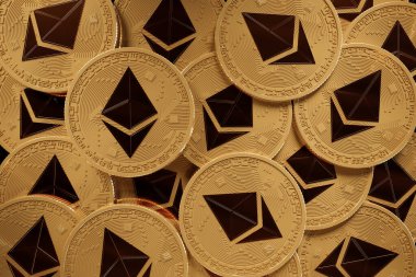 Metal Ethereum kripto para birimlerinin 3 boyutlu görüntülenmesi, elektronik merkeziyetçilikten arındırılmış para konsepti, gelecekteki ödeme ekonomisi piyasası, altın paralar