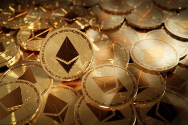 Metal Ethereum kripto para birimlerinin 3 boyutlu görüntülenmesi, elektronik merkeziyetçilikten arındırılmış para konsepti, gelecekteki ödeme ekonomisi piyasası, altın paralar