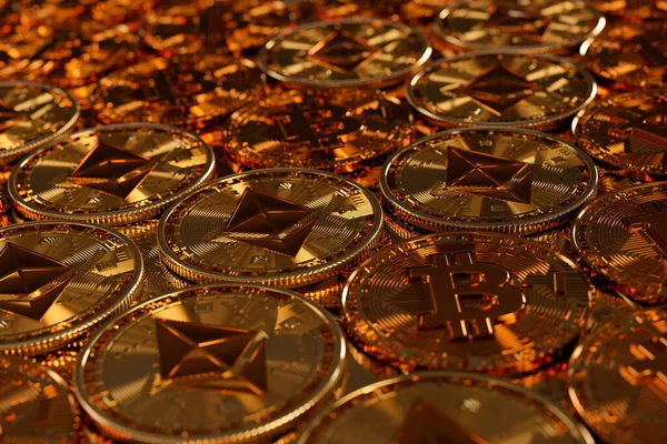 金属EthereumとBitcoin暗号通貨コイン 電子分散マネーコンセプト 将来の支払い経済市場 金コインのクローズアップの3Dレンダリング — ストック写真