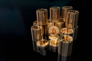 3D rendering of cryptocurrency coins, metalic surface, technology concept, business background