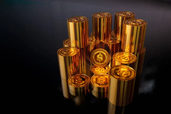 3D rendering of pile of gold dollar coins. business concept, finance backgound, exchange market