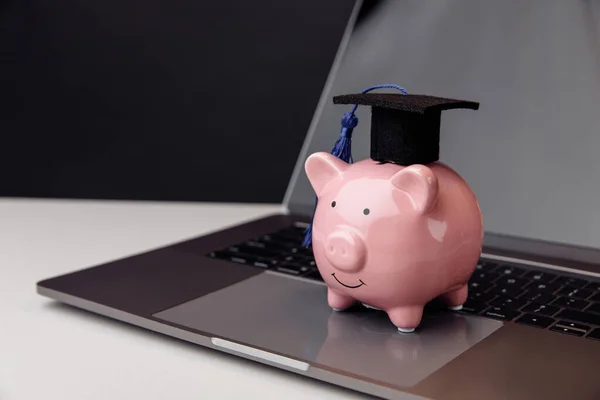 Pink piggy bank in cap on keyboard. Savings, university, school, diploma