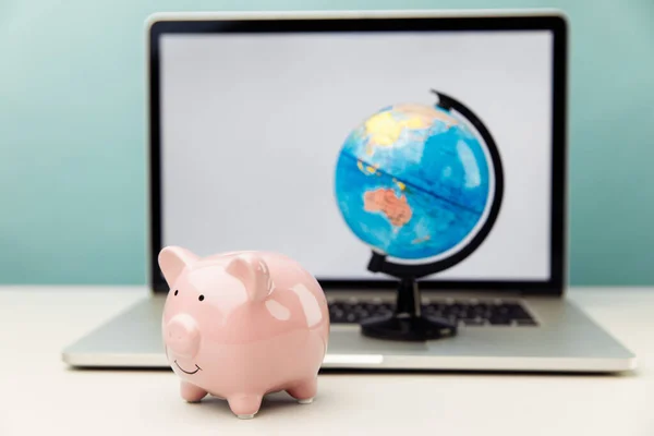 Świnia i kula na laptopie. Globalna koncepcja bankowości internetowej — Zdjęcie stockowe