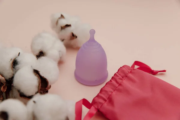 Tazza mestruale viola pastello riutilizzabile con ramo di cotone. Modo ecologico di concetto di igiene delle donne — Foto Stock