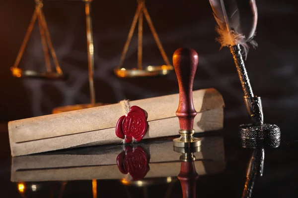 Document with wax seal, scales and stamp in notary office. Law of legacy concept — Stock Photo, Image