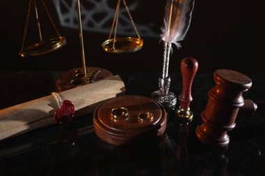 Noter ofisinde son vasiyet ve yüzükler. Ölüm ve miras kavramı. Üst görünüm.