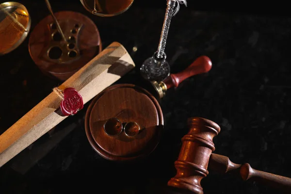 Last will and rings in notary office. Death and legacy concept. Top view. — Stockfoto