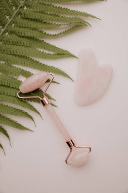 Jade Face Roller ve Guasha eğrelti otu yaprağında. Scin care konsepti. Dikey resim