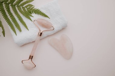 Bencillik, güzellik ve sağlık konsepti. Eğrelti otuyla paten ve gua sha masaj kazıyıcısı. Üst görünüm