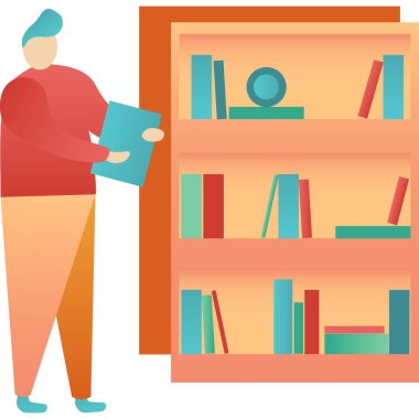 Erkek öğrenci kütüphane vektör simgesinde kitap alıyor