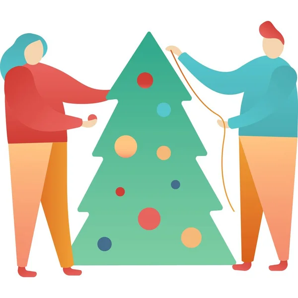 Vector familia pareja decorar árbol de navidad icono — Archivo Imágenes Vectoriales