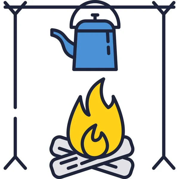 Çaydanlık tenceresi ikon vektörü izole edilmiş kamp ateşi — Stok Vektör