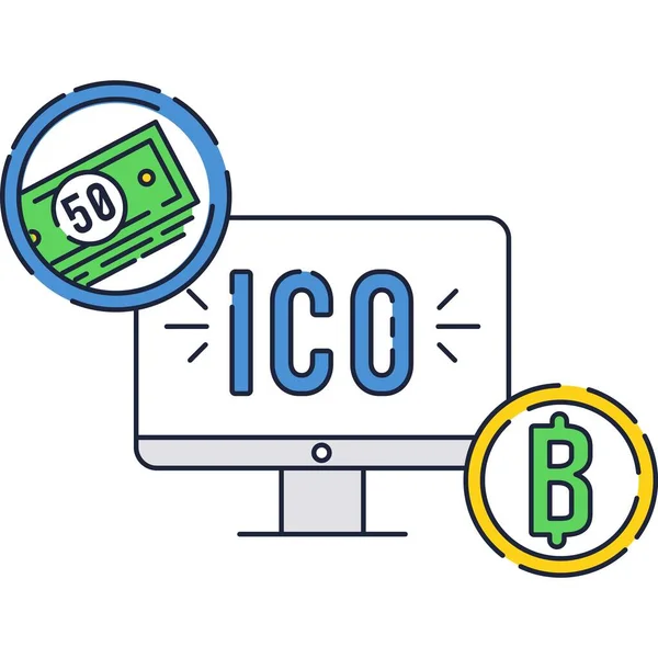 Иконка ICO, токен bitcoin и наличные — стоковый вектор