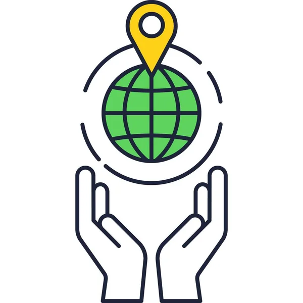 Globus mit Pin über Hand Icon Vektor-Zeichen — Stockvektor