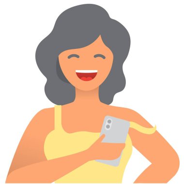 Akıllı telefon vektör simgesi kullanan mutlu gülümseyen kadın