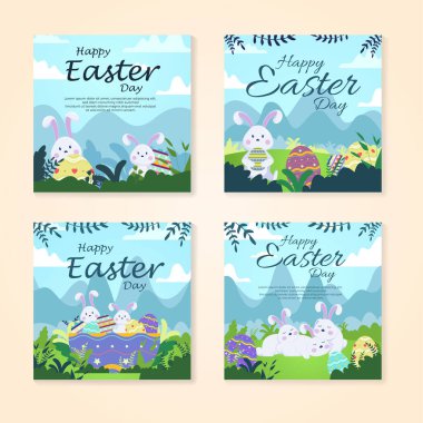 Komik tavşanlı Mutlu Paskalya çizimleri. Bahar doğası, çiçekler, süslü Paskalya yumurtası. Broşür, afiş, poster ve şablon tasarımı.