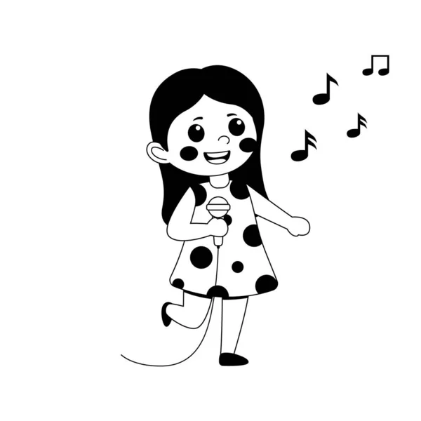 黑白可爱少女卡通人物演唱歌曲 平面矢量插图 — 图库矢量图片
