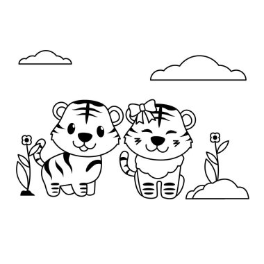 Tatlı kaplan oğlan ve kız ana hatlarıyla vektör stili, kaplan arkadaşıyla, kaplan kurdelesiyle oynuyor.