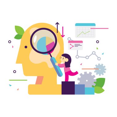 Analitik Düşünce Çizimi, Yükselen Kadın çizelgesi ve büyüteçten kafaya bakmak. Analitik düşünce, istatistiksel analiz, iş analitiği kavramı. Modern düz renkli.