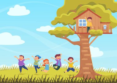 Mutlu çocuklar yaz çayırında, ağaç evde, doğa arka planında, renkli illüstrasyonlar ücretsiz vektör