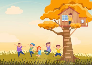 Parktaki ve ağaç evindeki çocuk vektörü