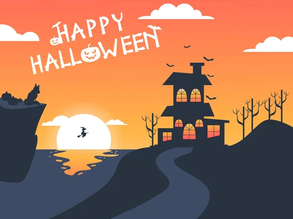 Buon Halloween Luna Piena Notte Pipistrelli Che Volano Stelle Nel — Vettoriale Stock