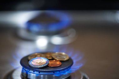 Euro coins on top of gas cooker. Gas stove burning expensive natural gas. LNG Gas