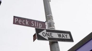 Peck Street sign with one way direction in New York City, Manhattan in USA 4K