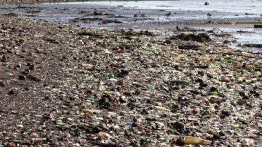 Atlantik Okyanusu 'ndaki sahilde büyük miktarda çöp. Kirli plaj. New York, ABD 'deki Kum Sahili' nde çöp ve atılmış Cam ve Plastik.